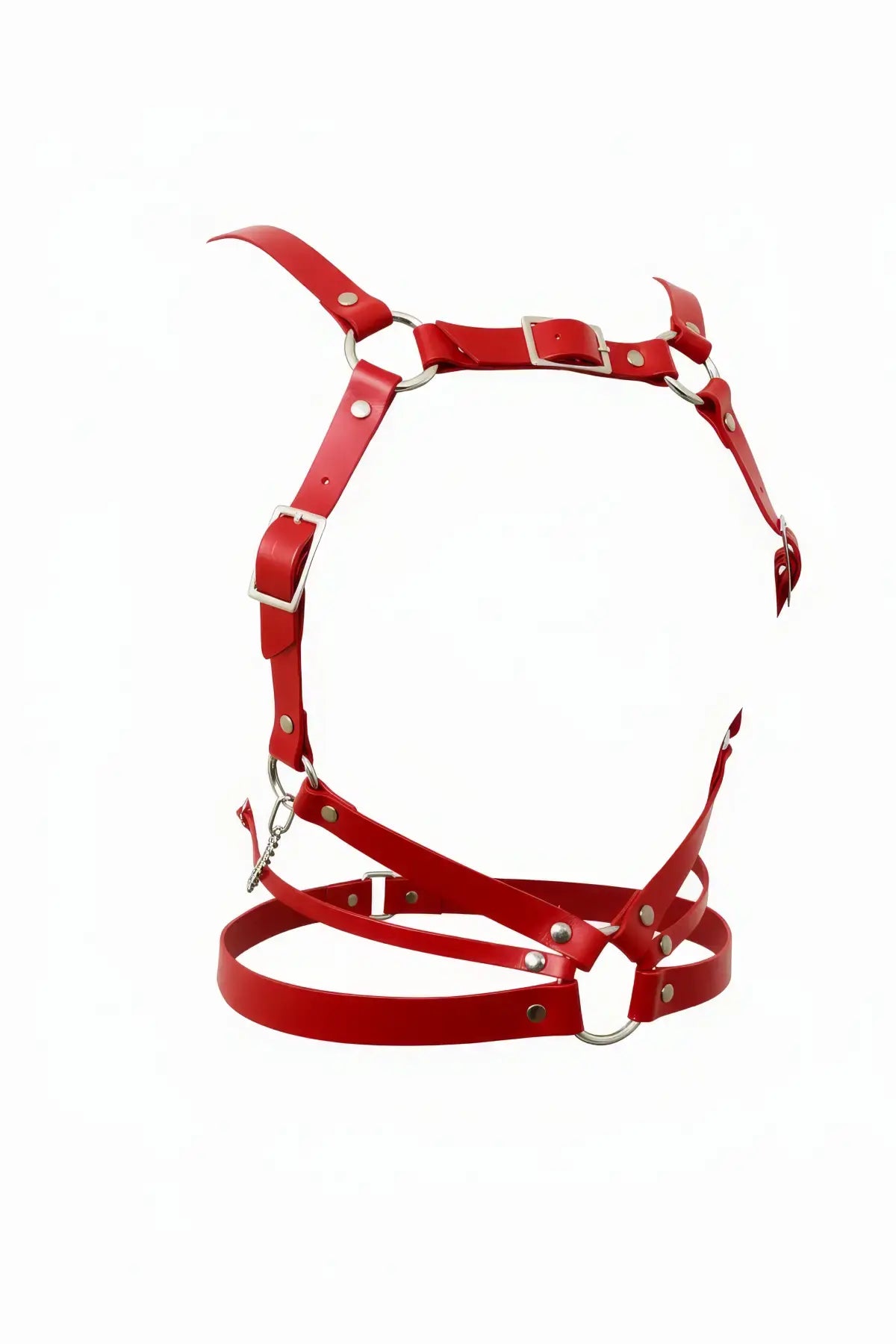 HarnessClub red vegan leather cage chest harness with adjustable straps and metal rings