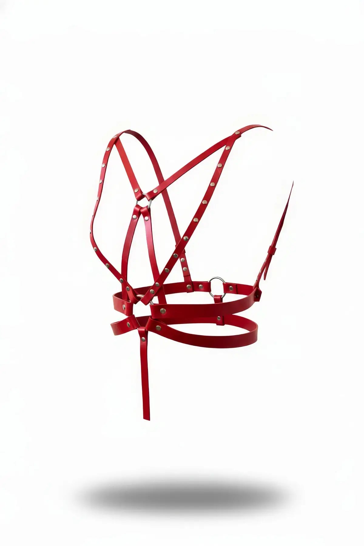 Red vegan leather multi-strap geometric cross-body harness with metal rivets by HarnessClub
