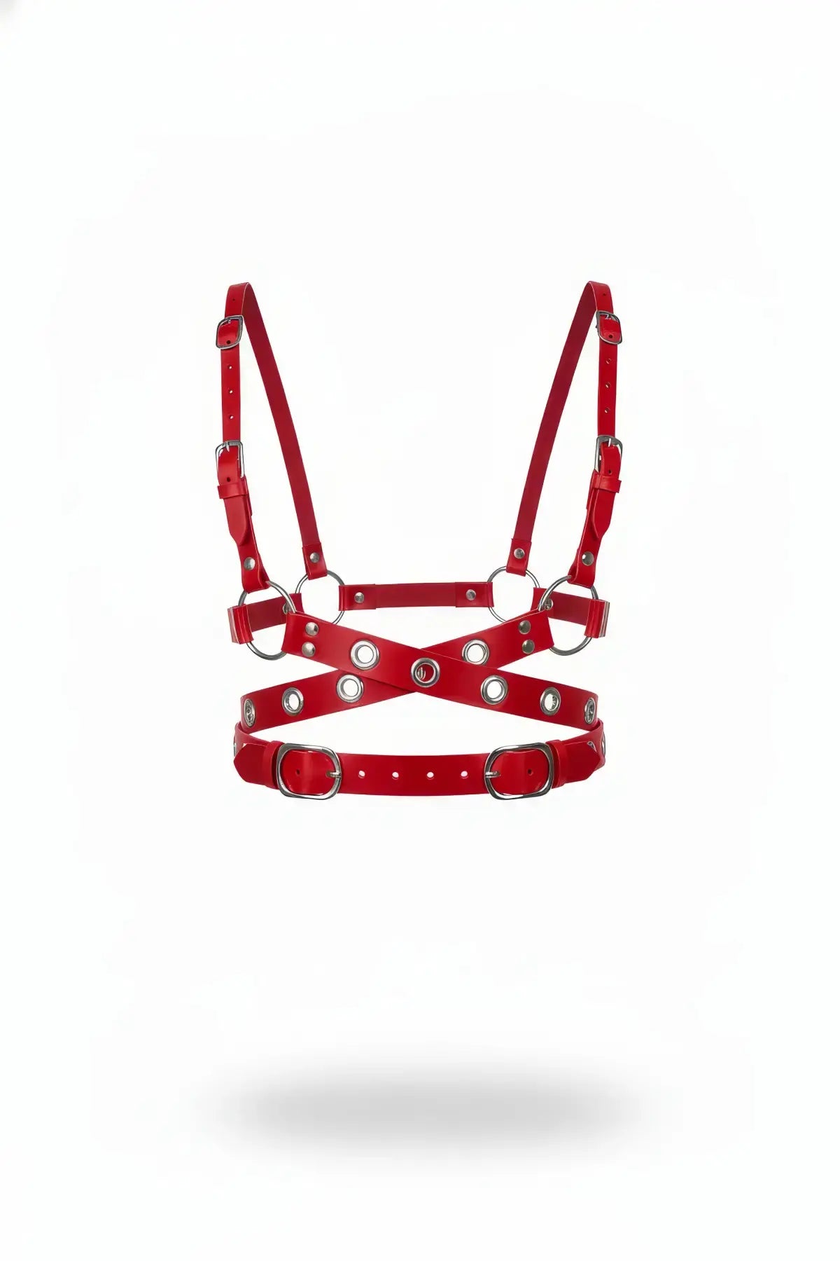 Red vegan-leather multi-strap grommet cross-chest harness by HarnessClub with silver hardware