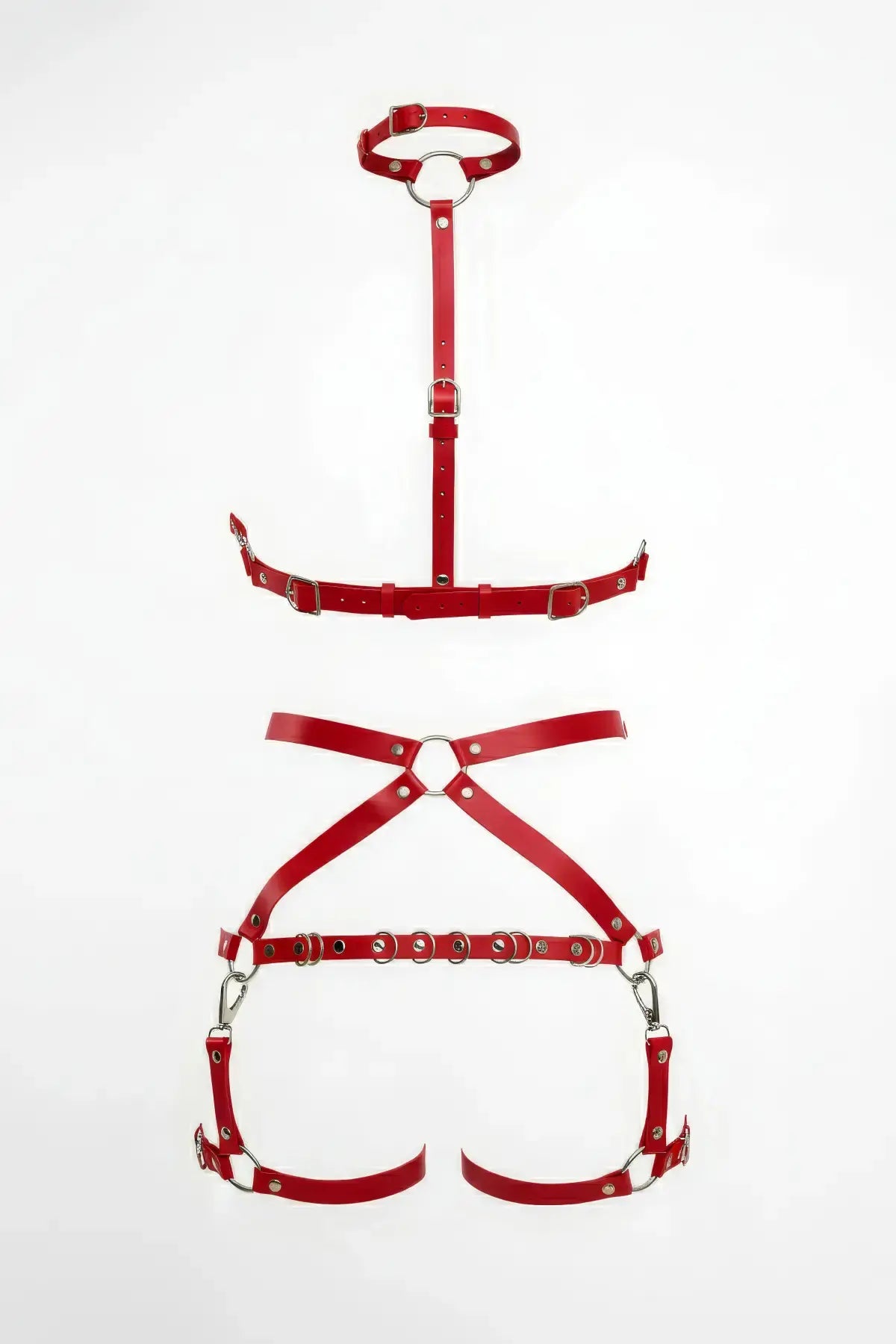 Red O-ring adjustable vegan leather harness set, two pieces