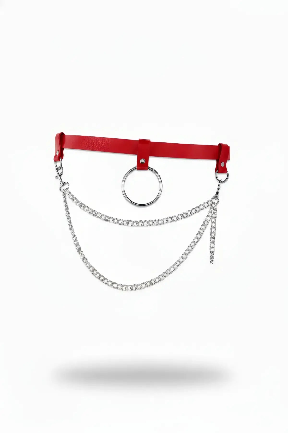 Red O-ring waist belt with vegan leather strap and double silver chains.