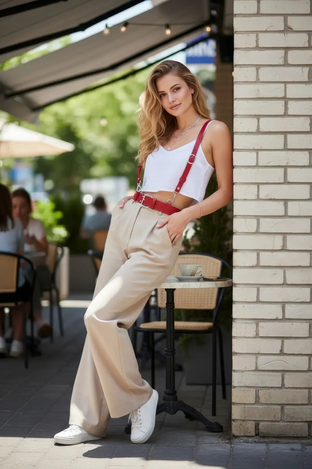 Red shoulder-strap waist harness in vegan leather, fashion belt accessory