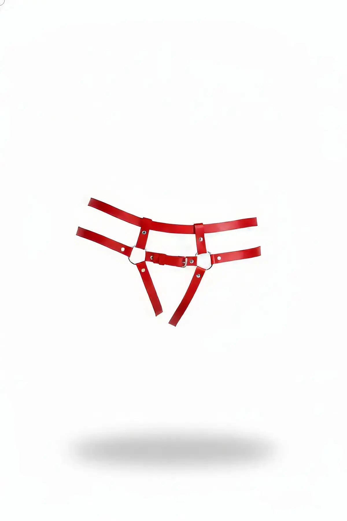 Red strappy cage thong harness, vegan leather hip accessory.