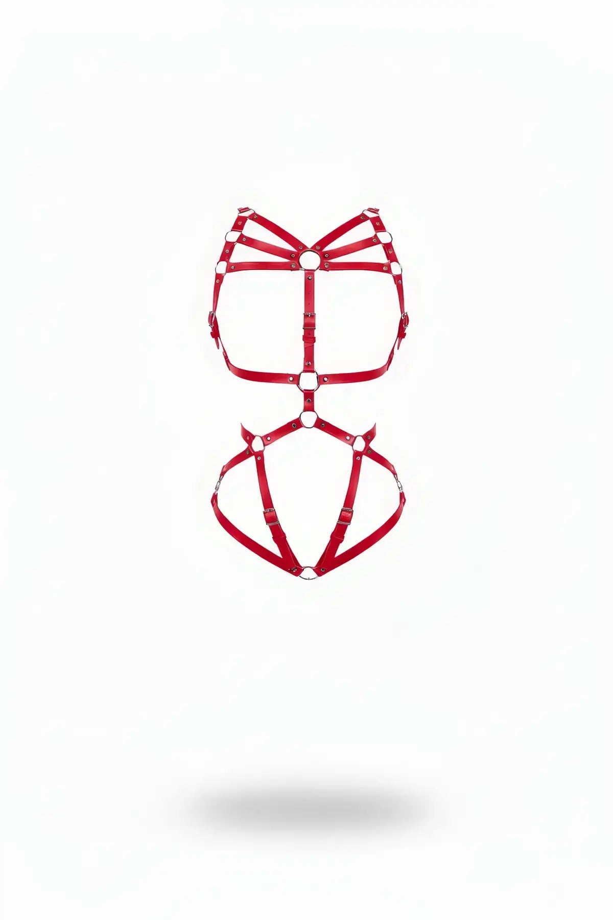 Red Strappy O-Ring Full Body Cage Harness in vegan leather by HarnessClub