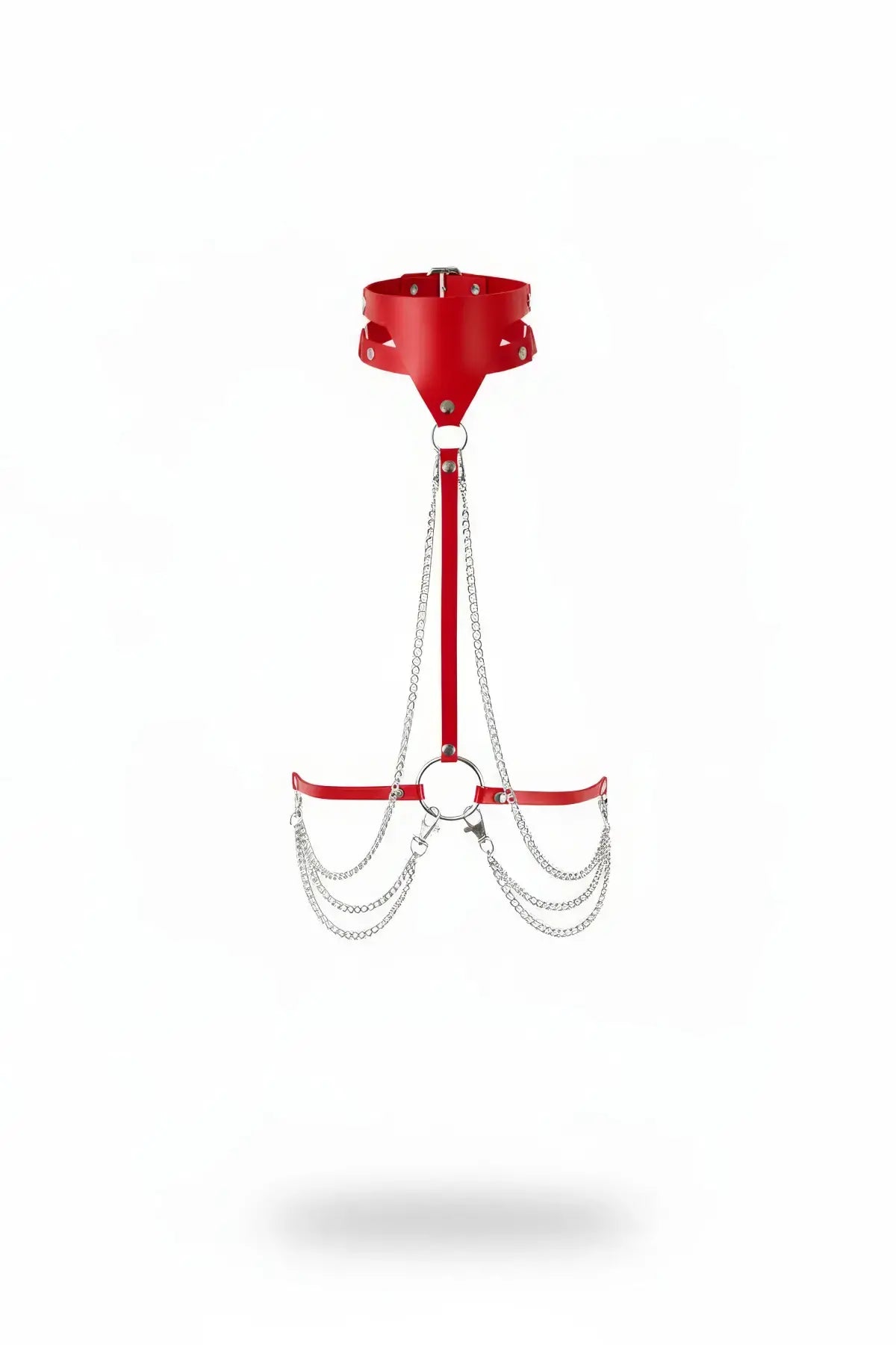 Red studded vegan-leather choker and chain body harness with silver chains and rings.