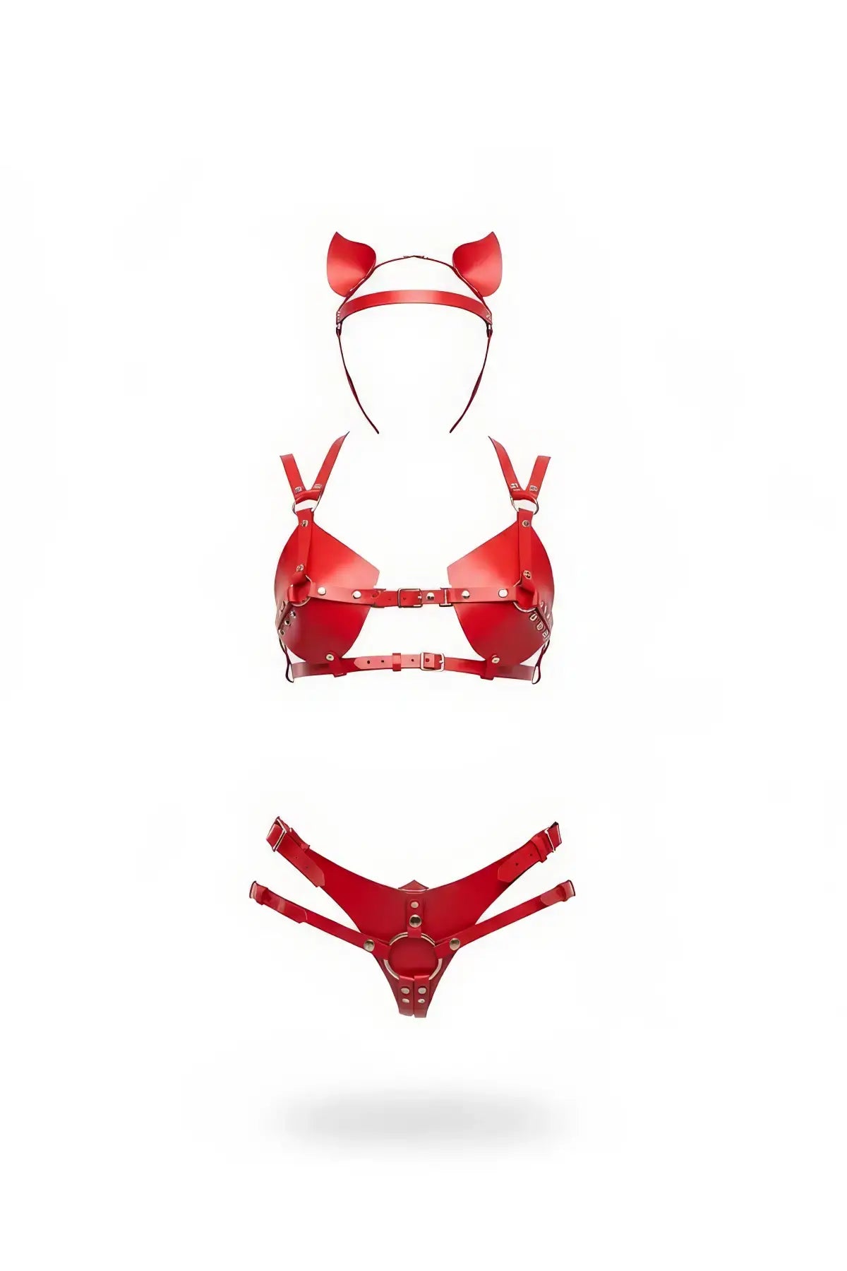 HarnessClub red vegan leather 3-piece lingerie set with studded bralette, thong, and cat-ear headband