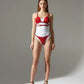 Red studded vegan-leather bralette and matching briefs set.
