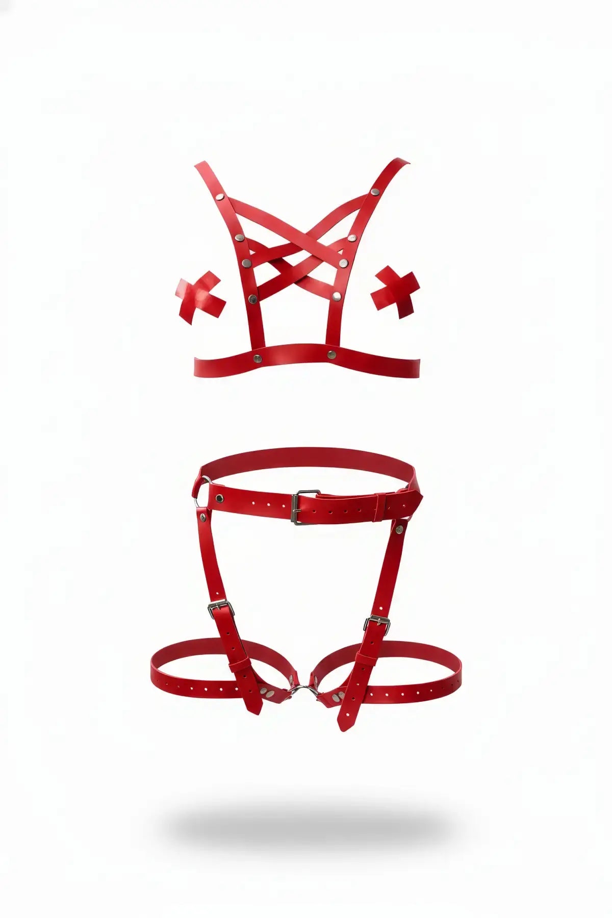 Red vegan leather studded star-lace bust and thigh garter harness set, two-piece