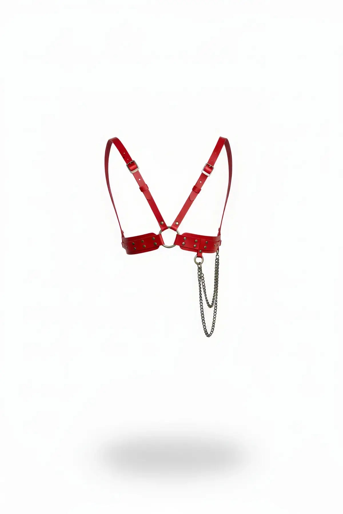 HarnessClub red vegan leather chest harness with studded V-frame and silver chains
