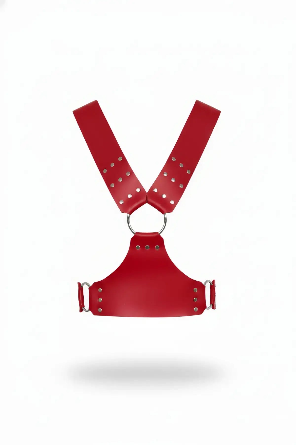 Red vegan leather chest harness with studded V-straps and metal ring