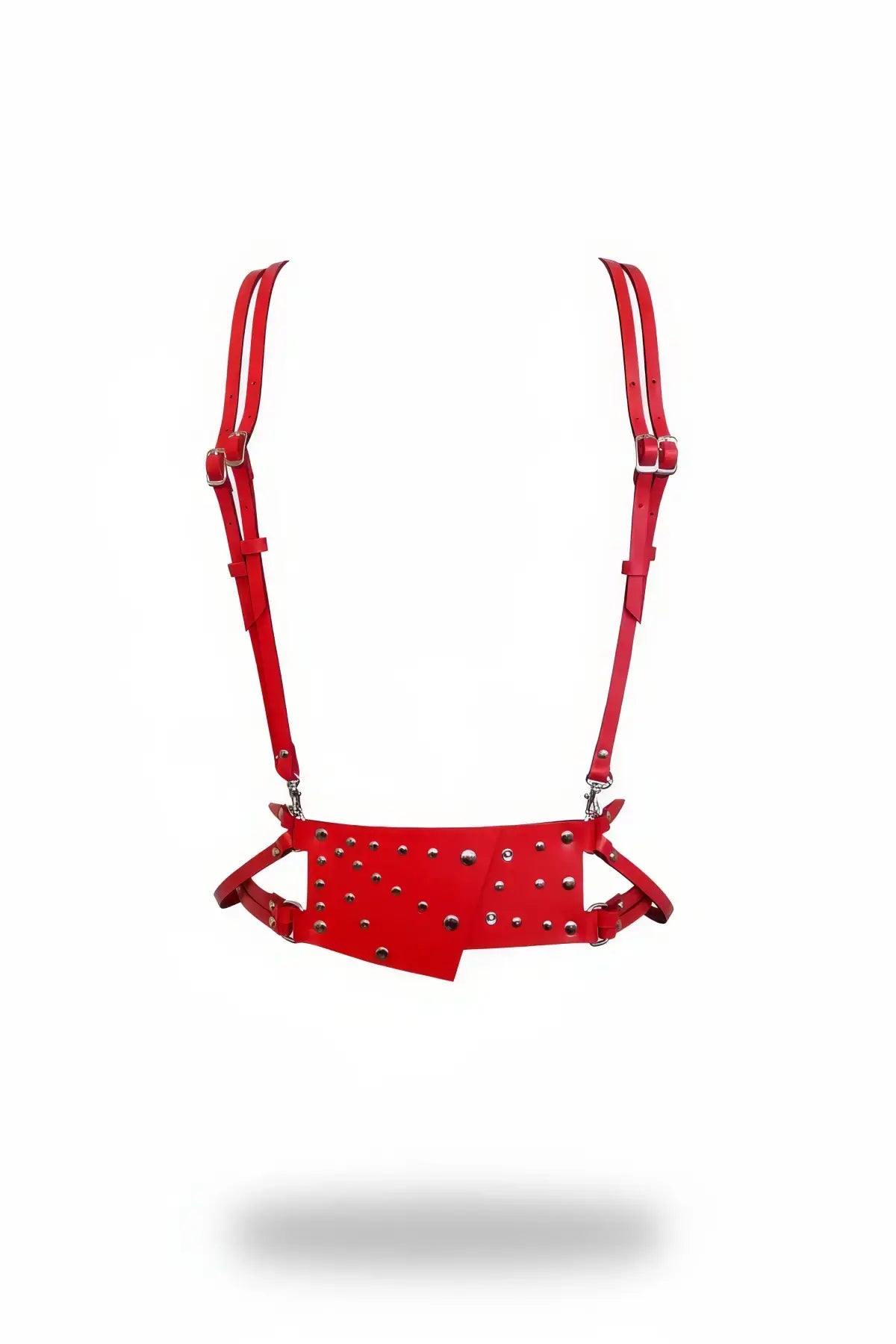 Red studded wide waist-panel harness with double shoulder straps, vegan leather by HarnessClub