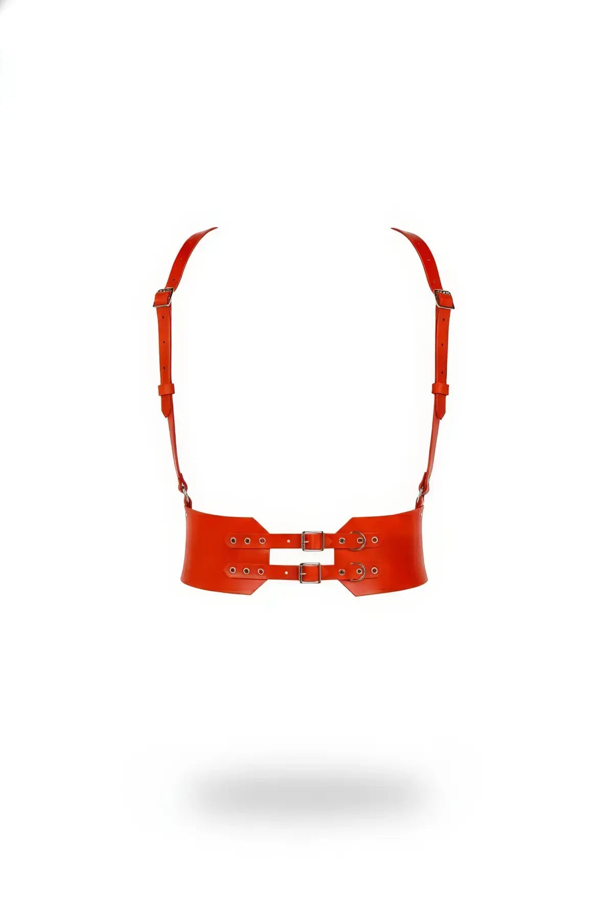 Underbust corset belt in red burnt-orange vegan leather with wide front panel and adjustable shoulder straps.