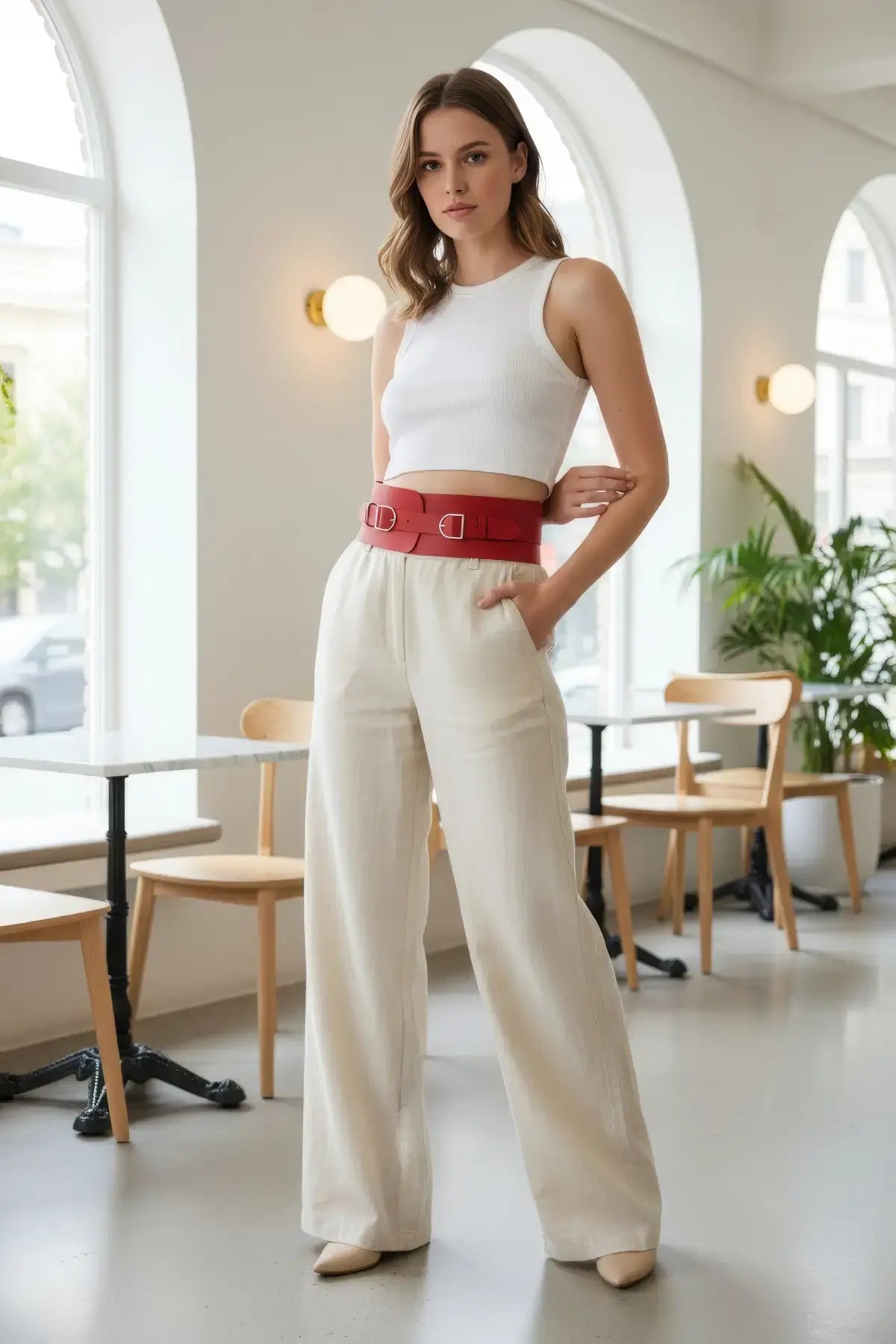 HarnessClub red wide corset belt in vegan leather, modeled at the waist.