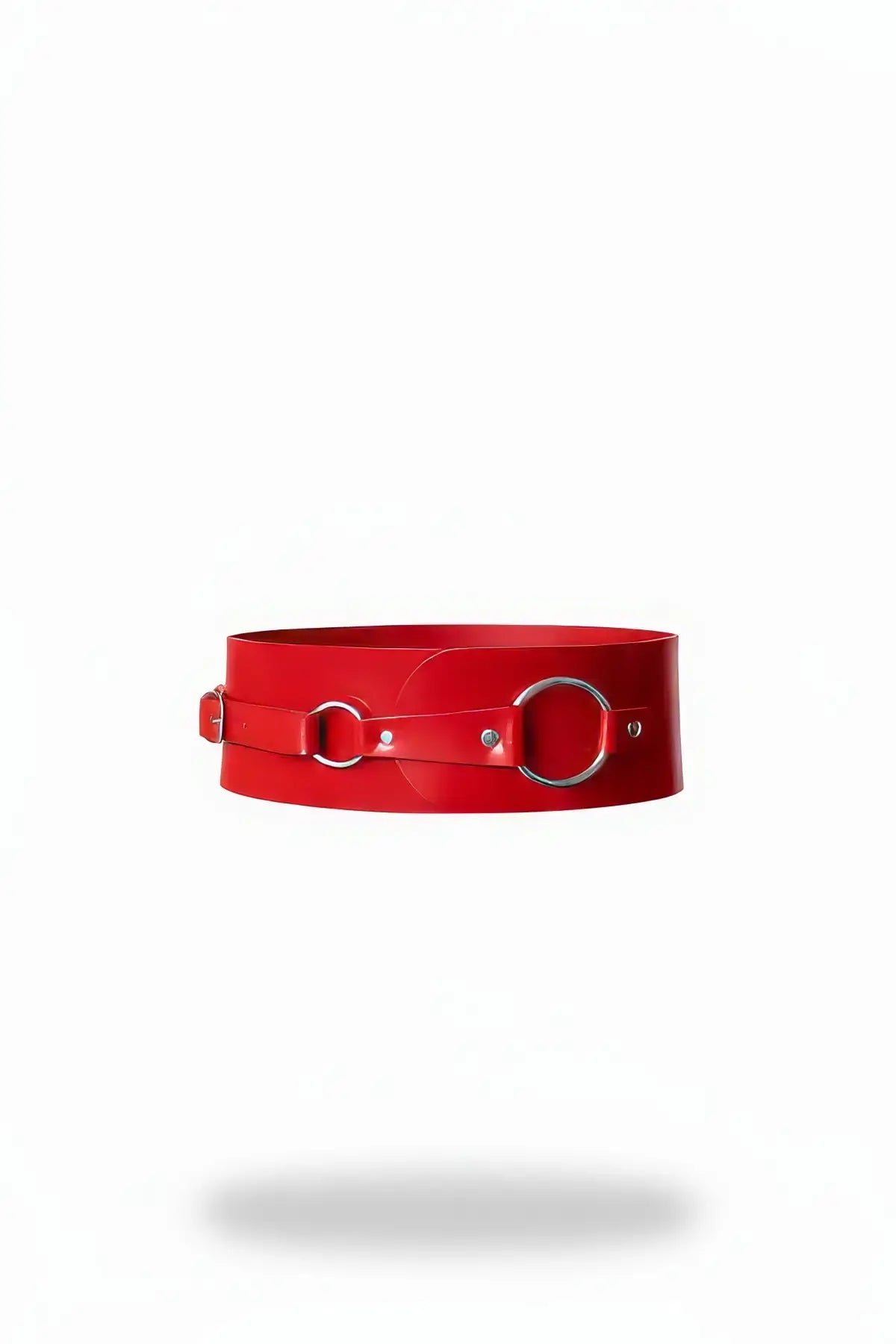 Red wide O-ring corset waist belt by HarnessClub in vegan leather with metal rings