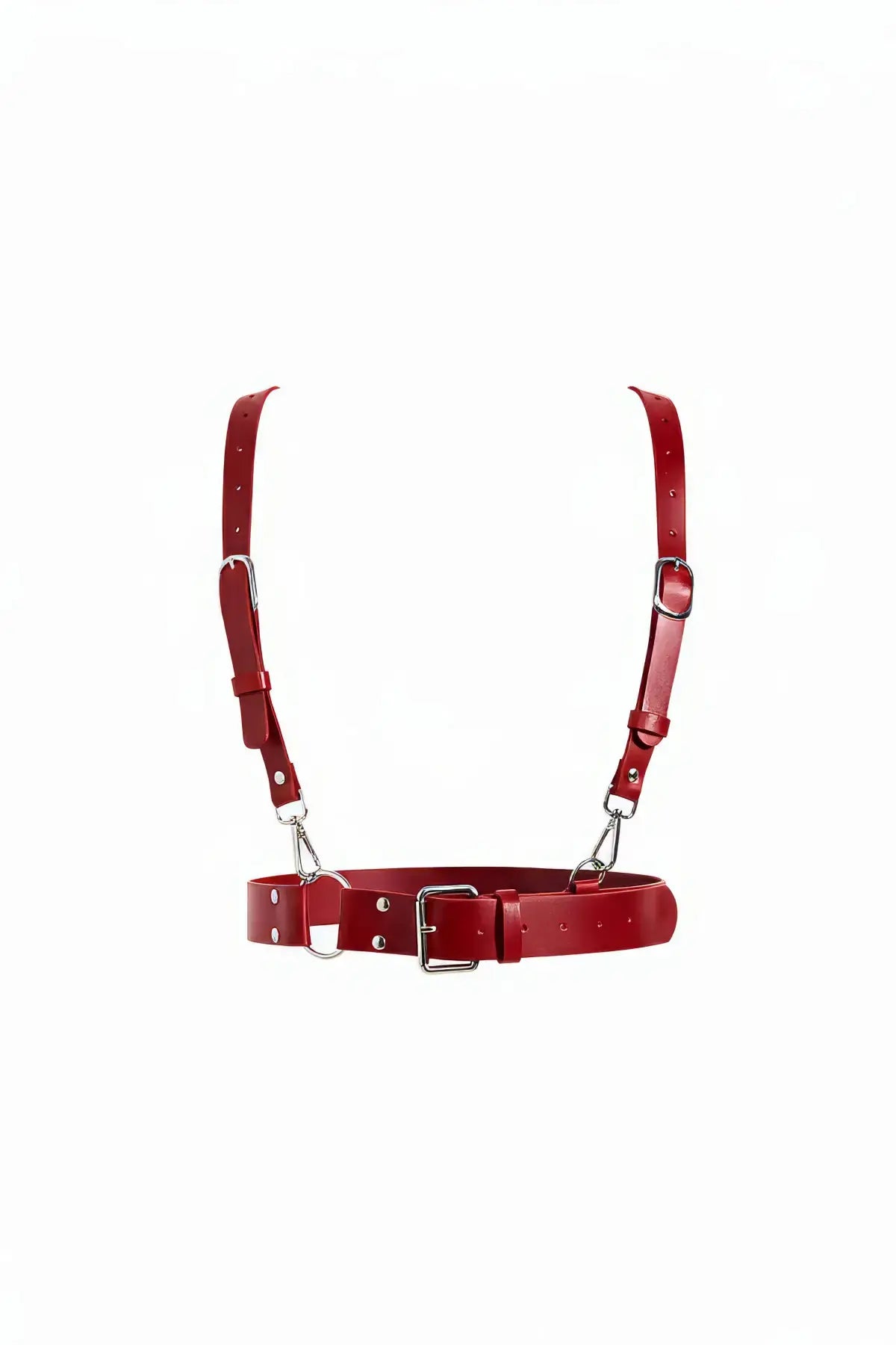 Red vegan leather waist harness with two wide shoulder straps and metal D-rings