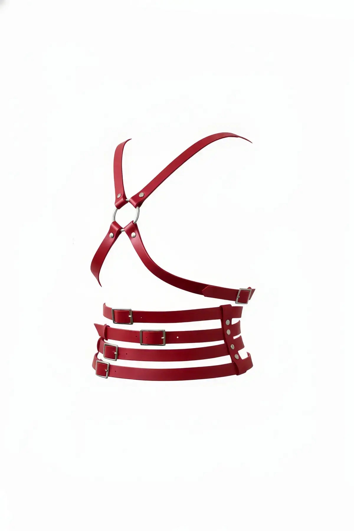 HarnessClub red vegan leather body harness with wide chest straps and multiple metal buckles
