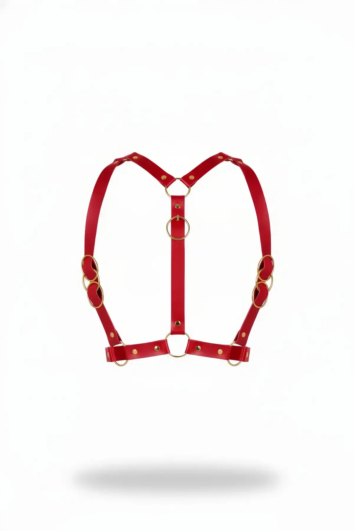 Red Y-Frame Gold O-Ring Chest Harness with vegan leather and gold hardware