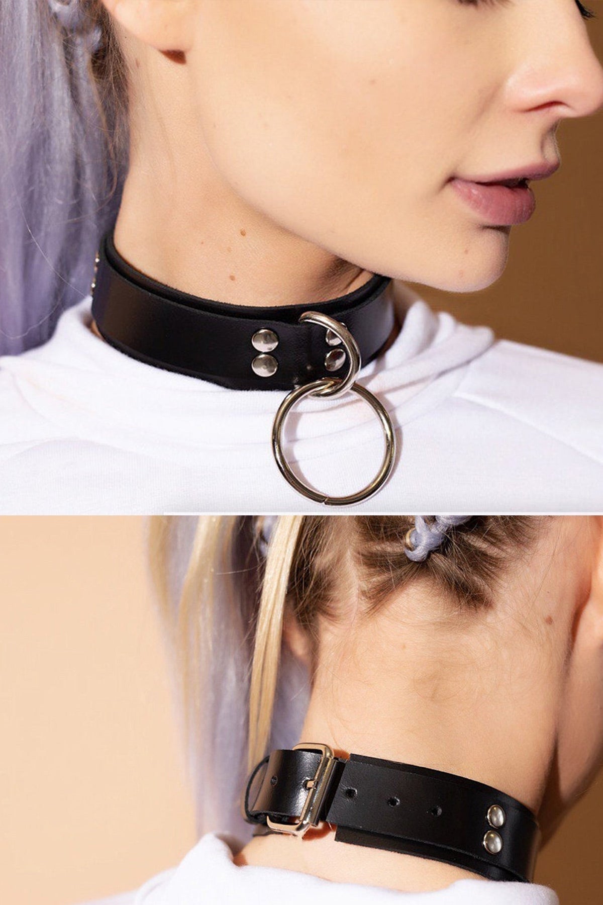 Ring Detailed Leather Choker, Leather Leash, Ring Leash