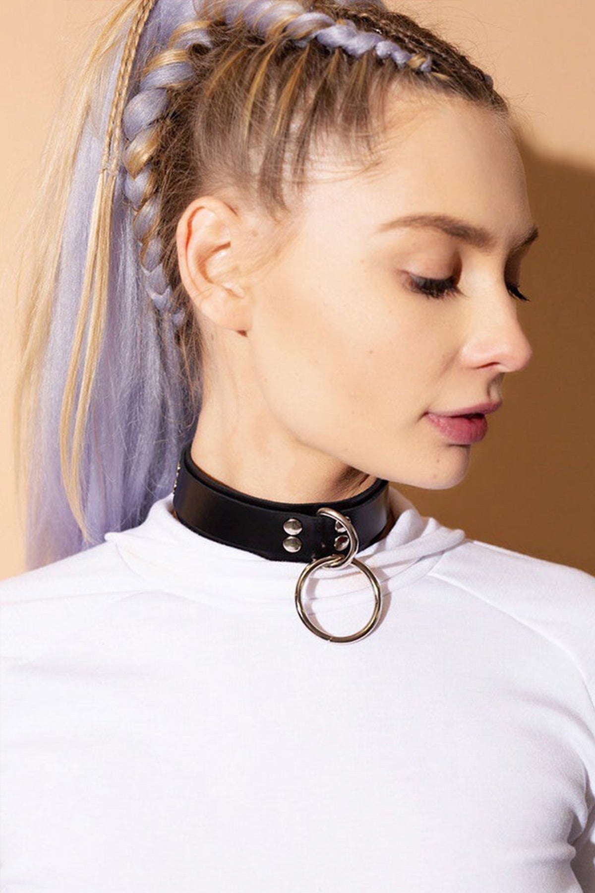 Ring Detailed Leather Choker, Leather Leash, Ring Leash