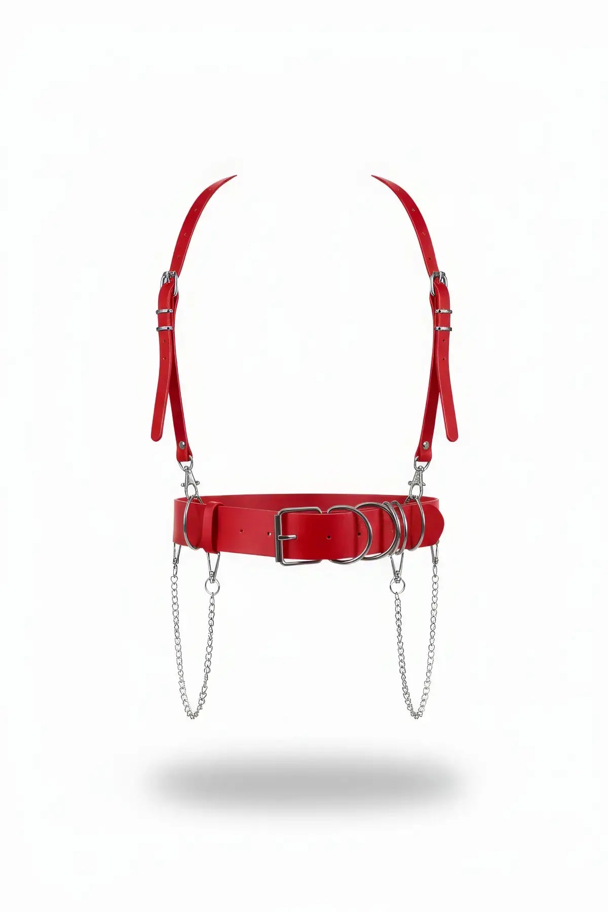 HarnessClub Shoulder Arch Chain-Drop Waist Harness in red faux leather with O-ring hardware and hanging chains