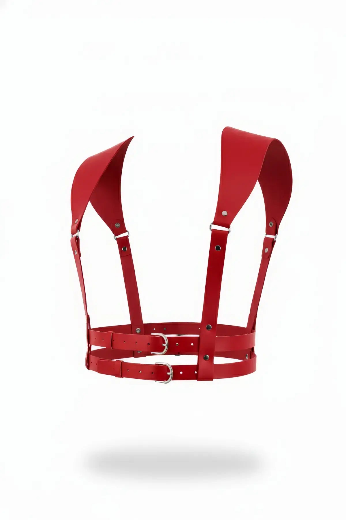 Kırmızı deri omuz detaylı vücut aksesuarı, çoklu kayışlı bel-göğüs harness ve metal tokalar.