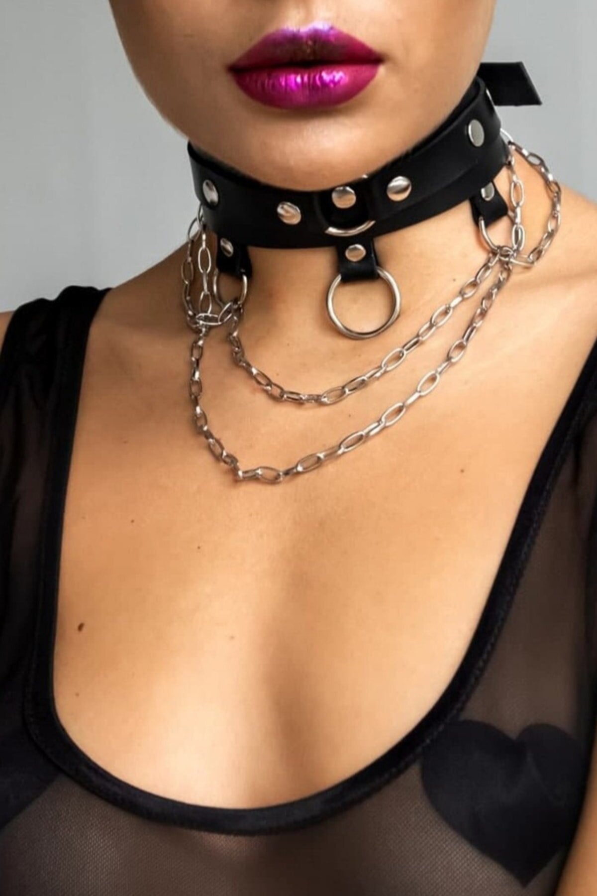 Stylish Leather Choker Leash Lanyard Accessory With Chain And Ring Detail