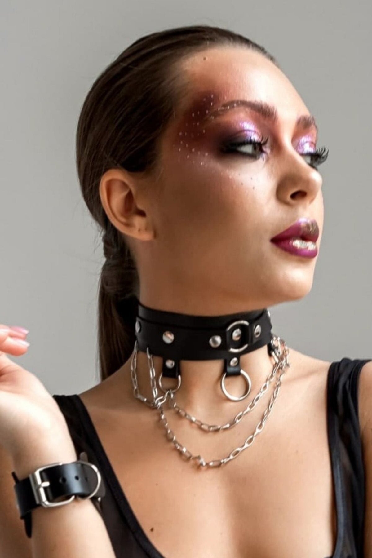 Stylish Leather Choker Leash Lanyard Accessory With Chain And Ring Detail