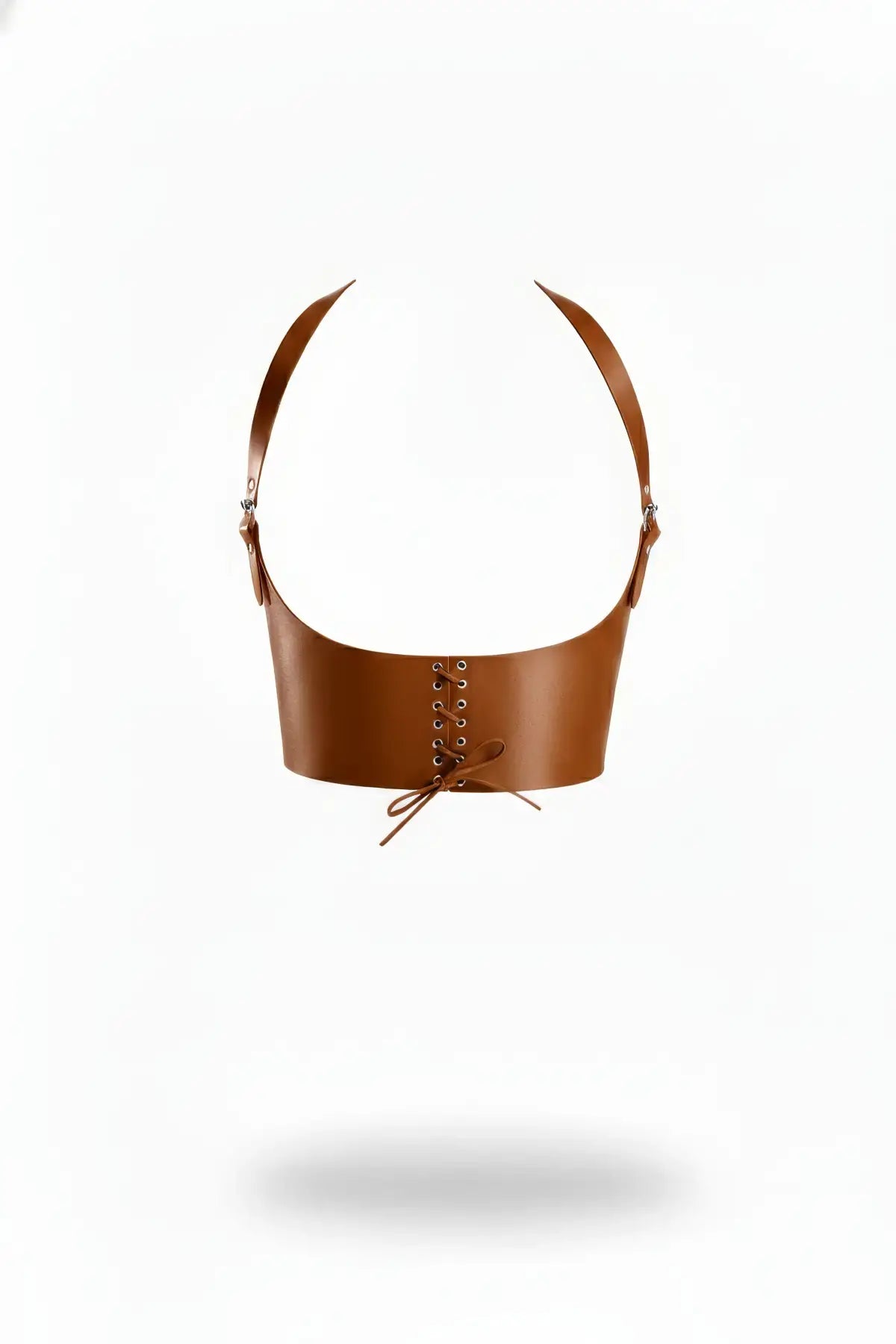 Tan vegan leather lace-up halter underbust corset bustier with front lace.