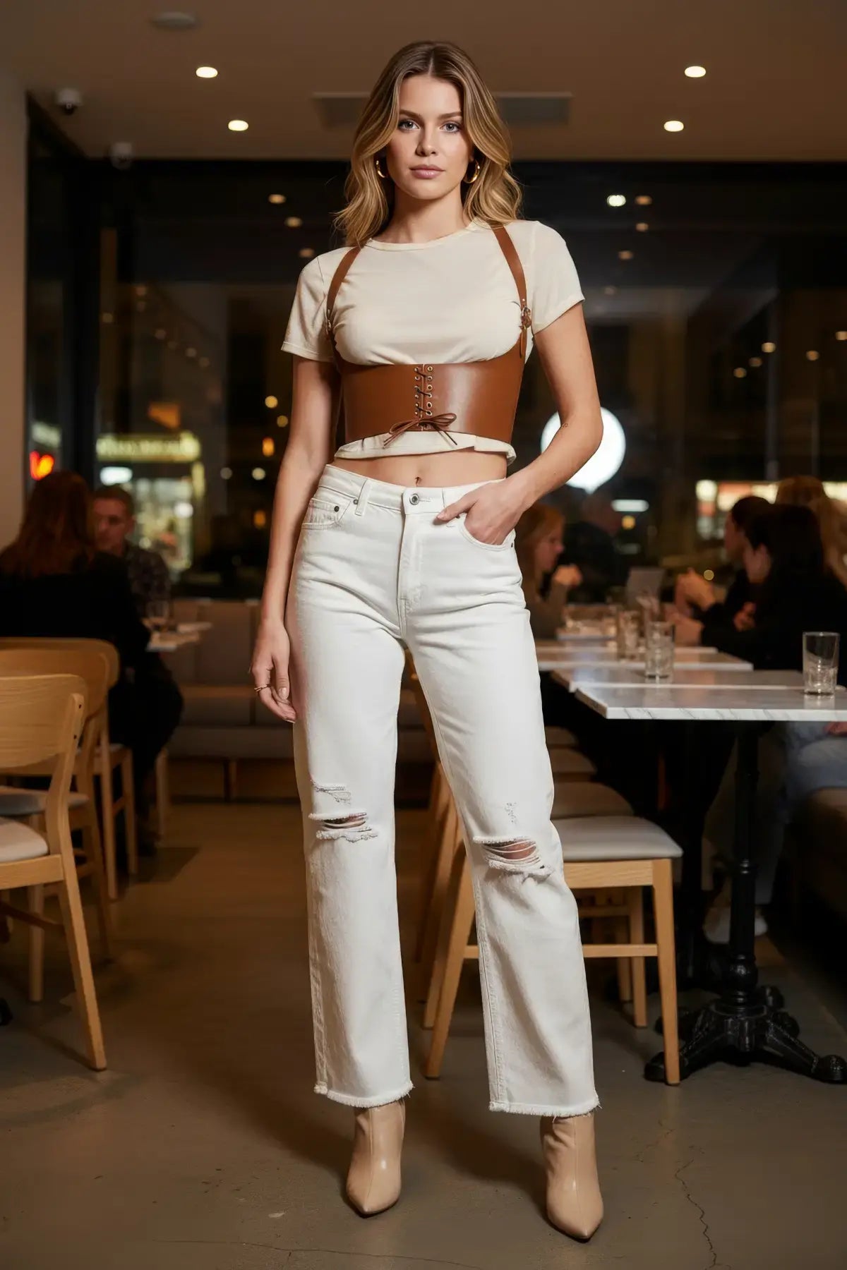 HarnessClub tan vegan leather underbust corset belt with lace-up front and shoulder straps worn over a white tee.