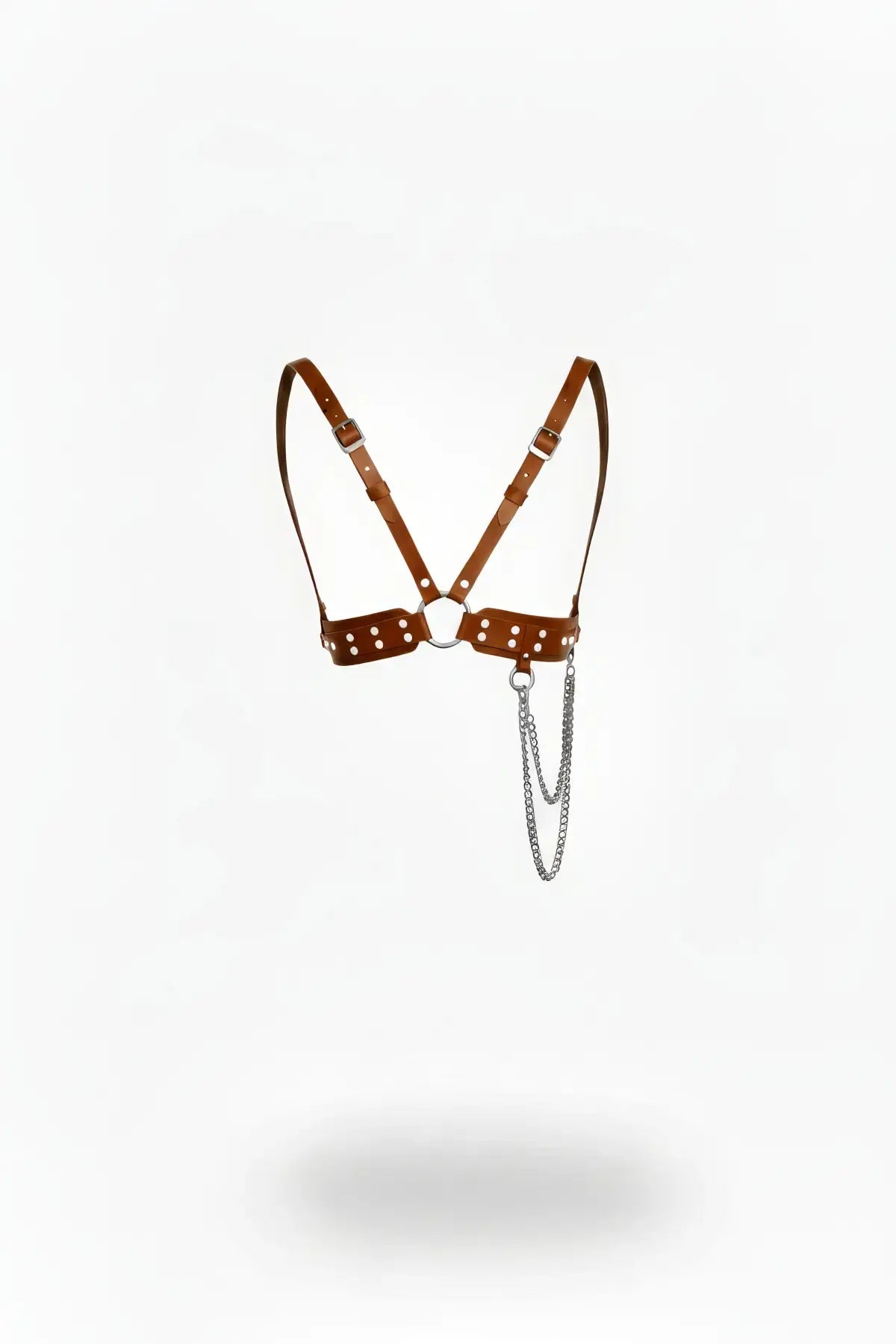 Tan studded V-frame chain drop chest harness in vegan leather with silver chains by HarnessClub