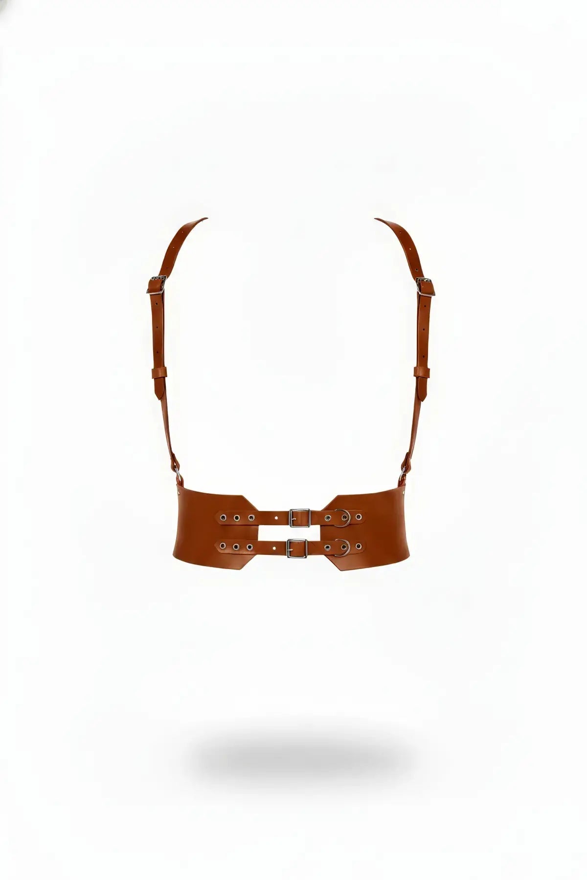 Tan HarnessClub vegan leather underbust corset belt with double buckles and adjustable straps
