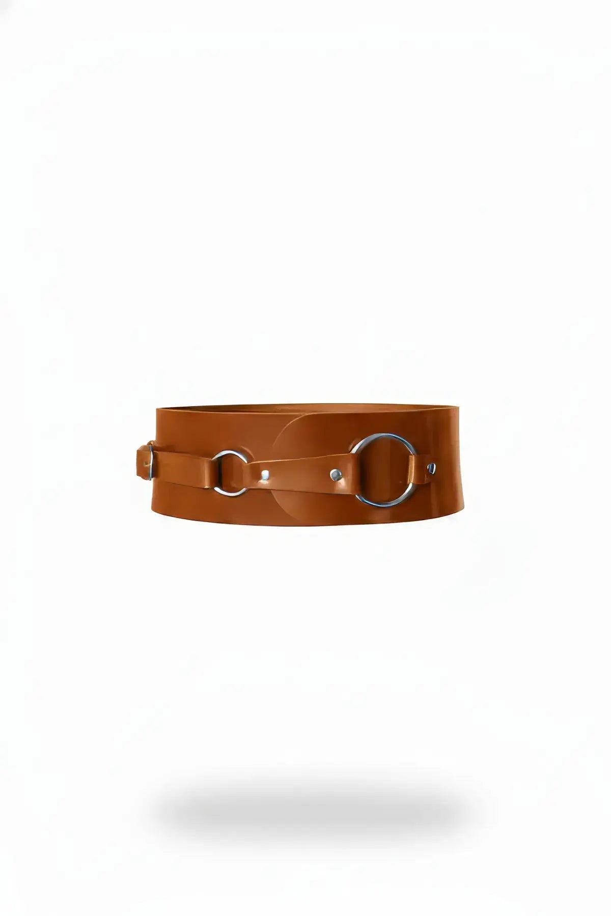 Tan wide O-ring corset waist belt in vegan leather