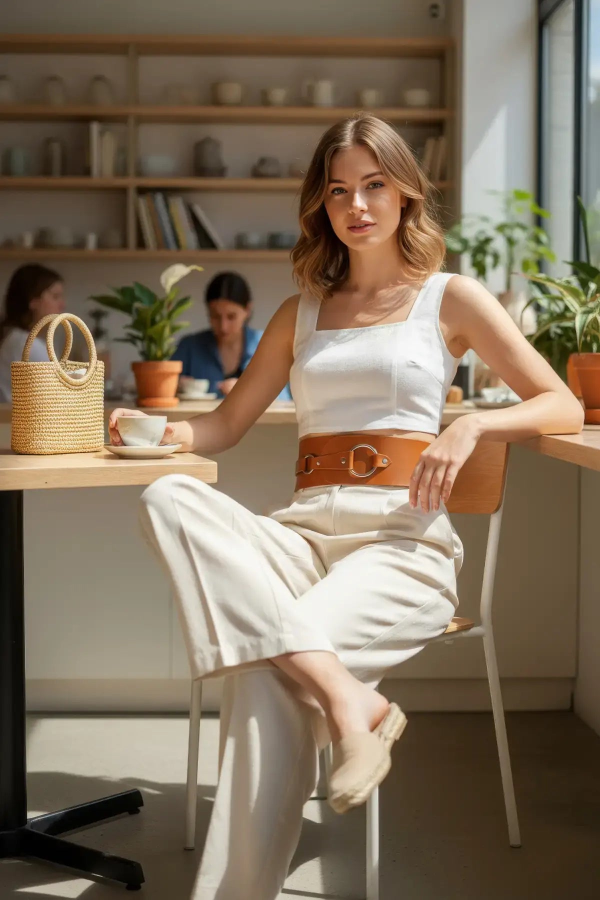 Tan wide O-ring waist belt in vegan leather by HarnessClub, worn by a model in a white top.