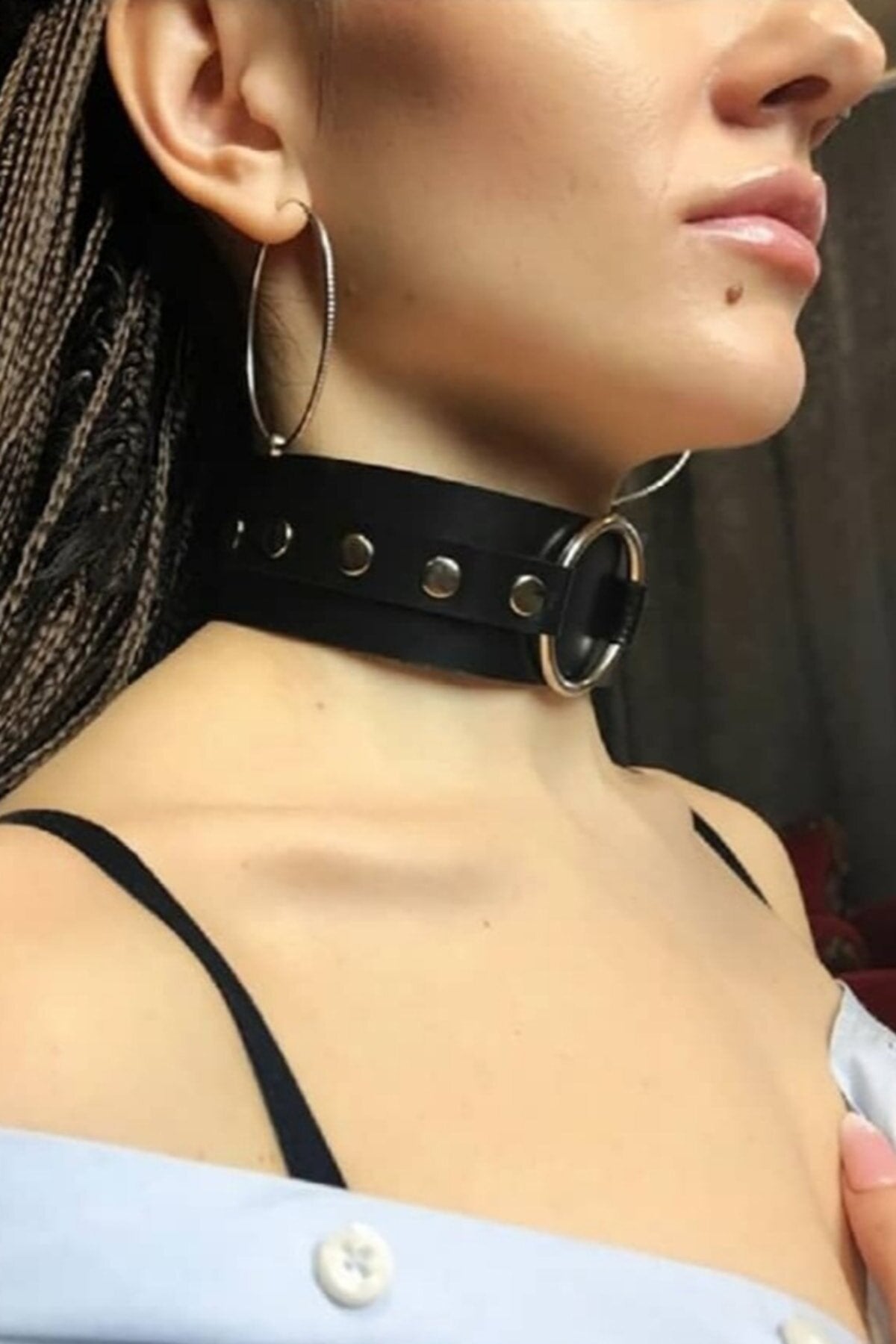Wide stripe stylish Leather Choker Neck Accessory with Ring Detailed Adjustment