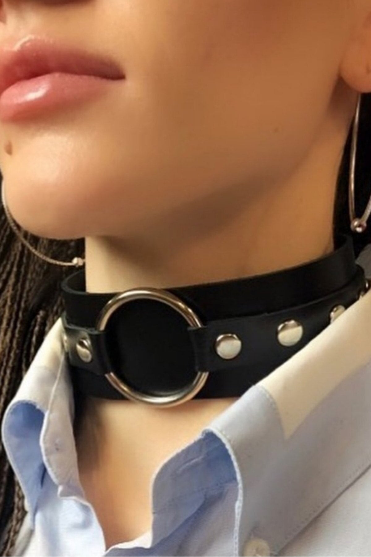 Wide stripe stylish Leather Choker Neck Accessory with Ring Detailed Adjustment