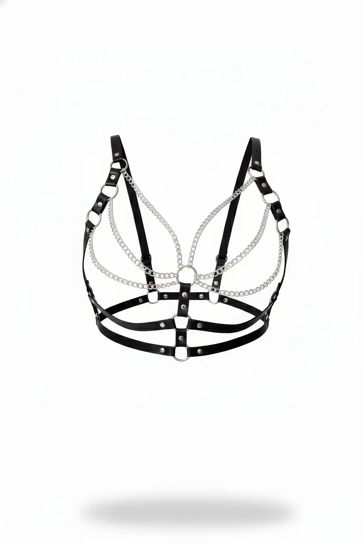 Women's black chain cage bra harness by HarnessClub; vegan leather straps with silver chain details