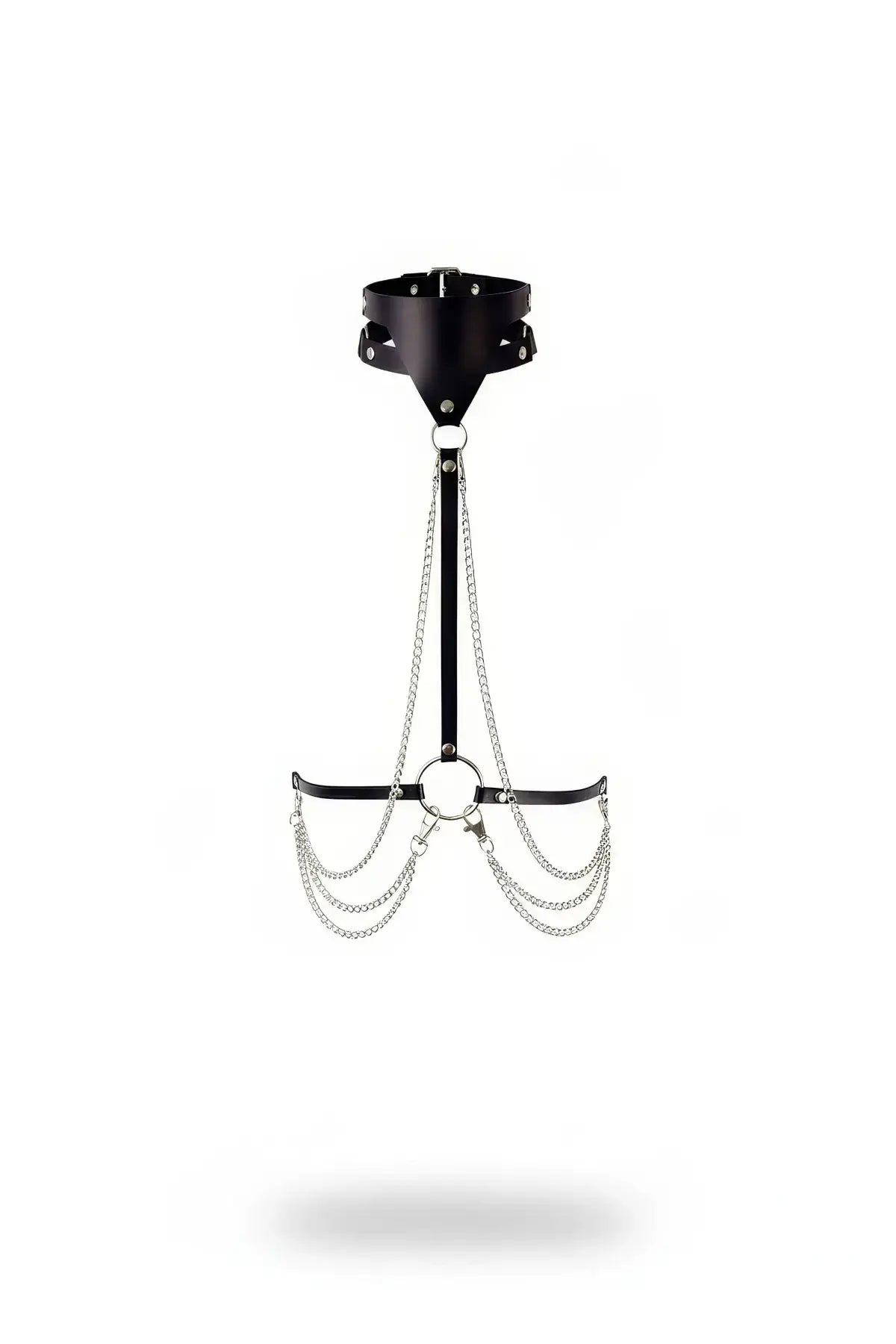 Women's black vegan leather chain collar body harness by HarnessClub with silver chains