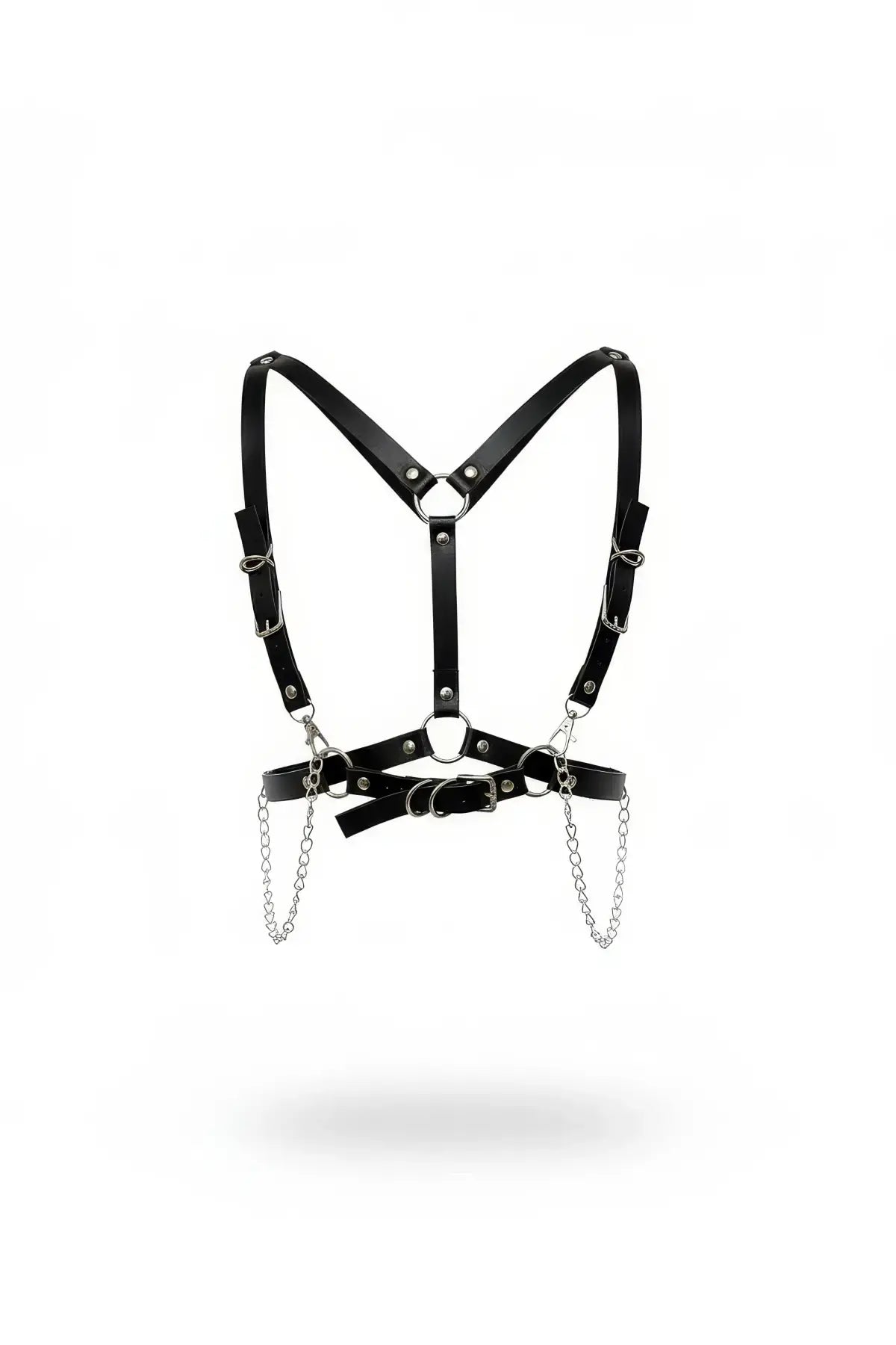 Women's black chain-draped vegan leather harness by HarnessClub with metal rings