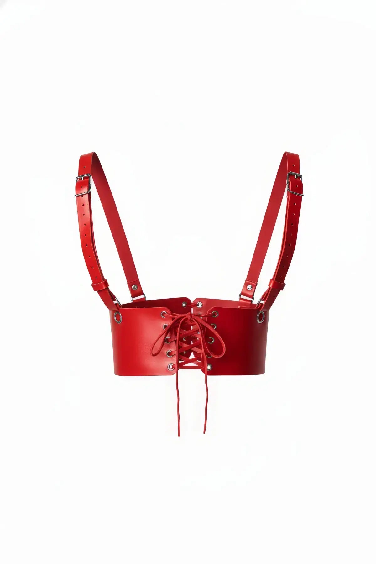 Womens red corset-style waist belt with lace-up front and shoulder straps, vegan leather