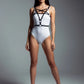 Womens black vegan-leather underbust harness with crossover chest straps by HarnessClub