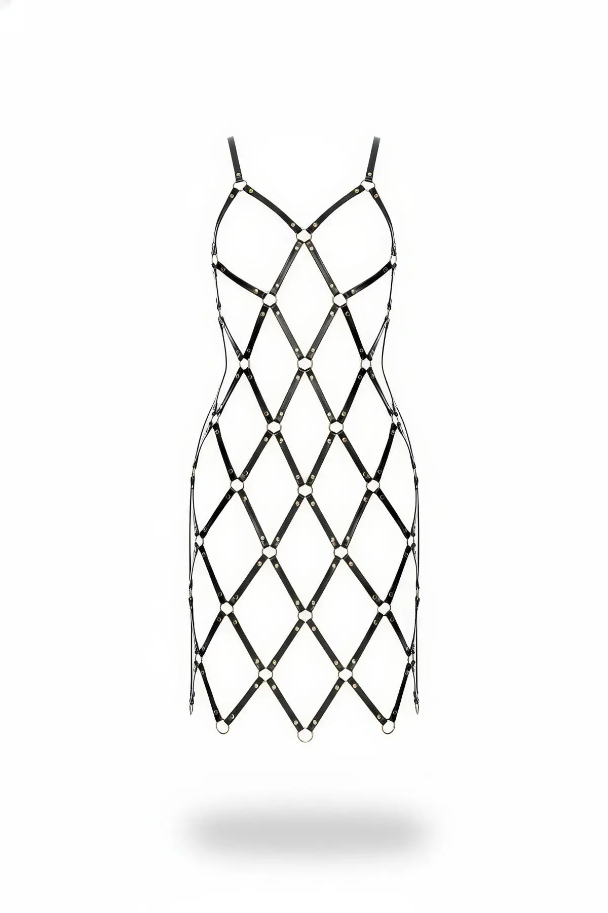 Womens black vegan-leather diamond-lattice harness mini dress with O-ring links and adjustable straps