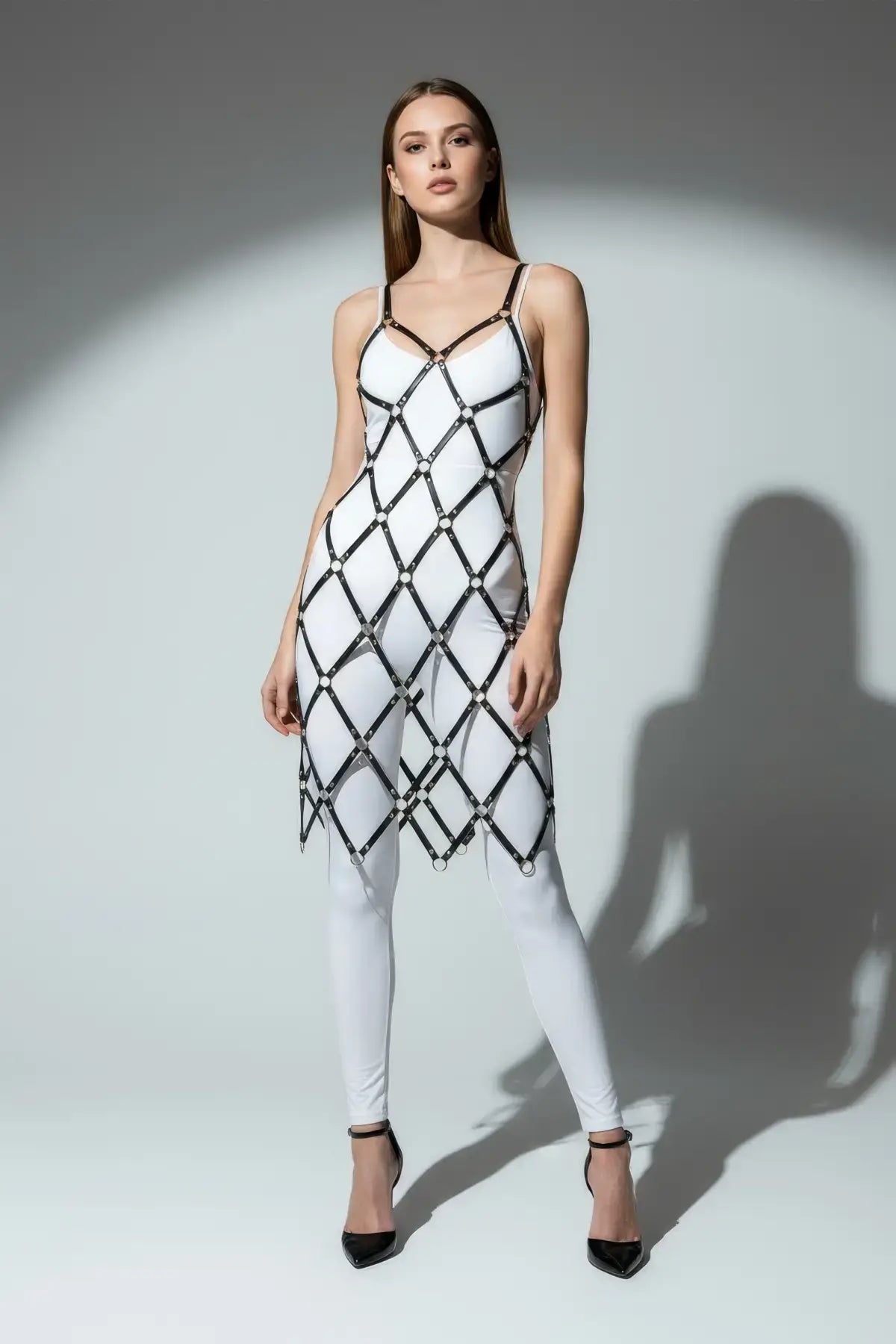 Womens black diamond-pattern O-ring harness dress in vegan leather by HarnessClub