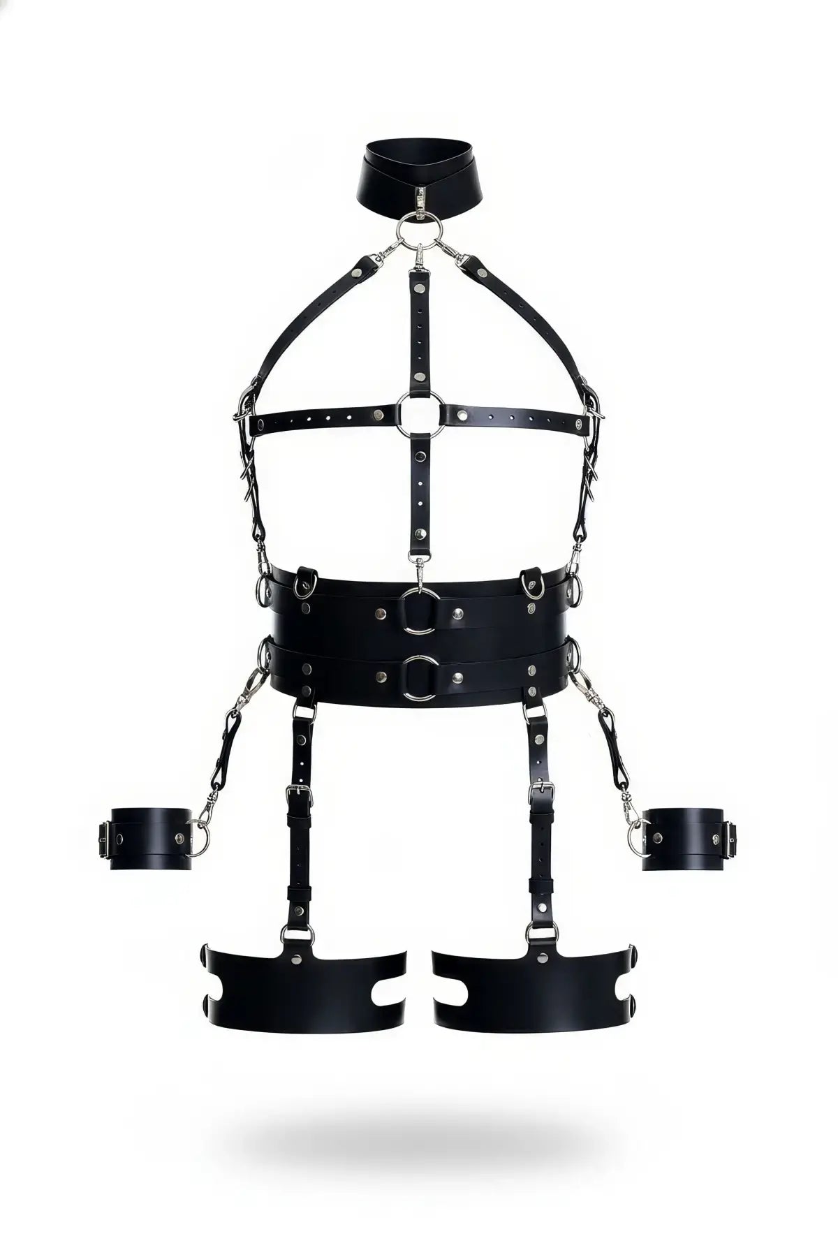 Womens black vegan leather five-piece collar harness set with thigh bands by HarnessClub