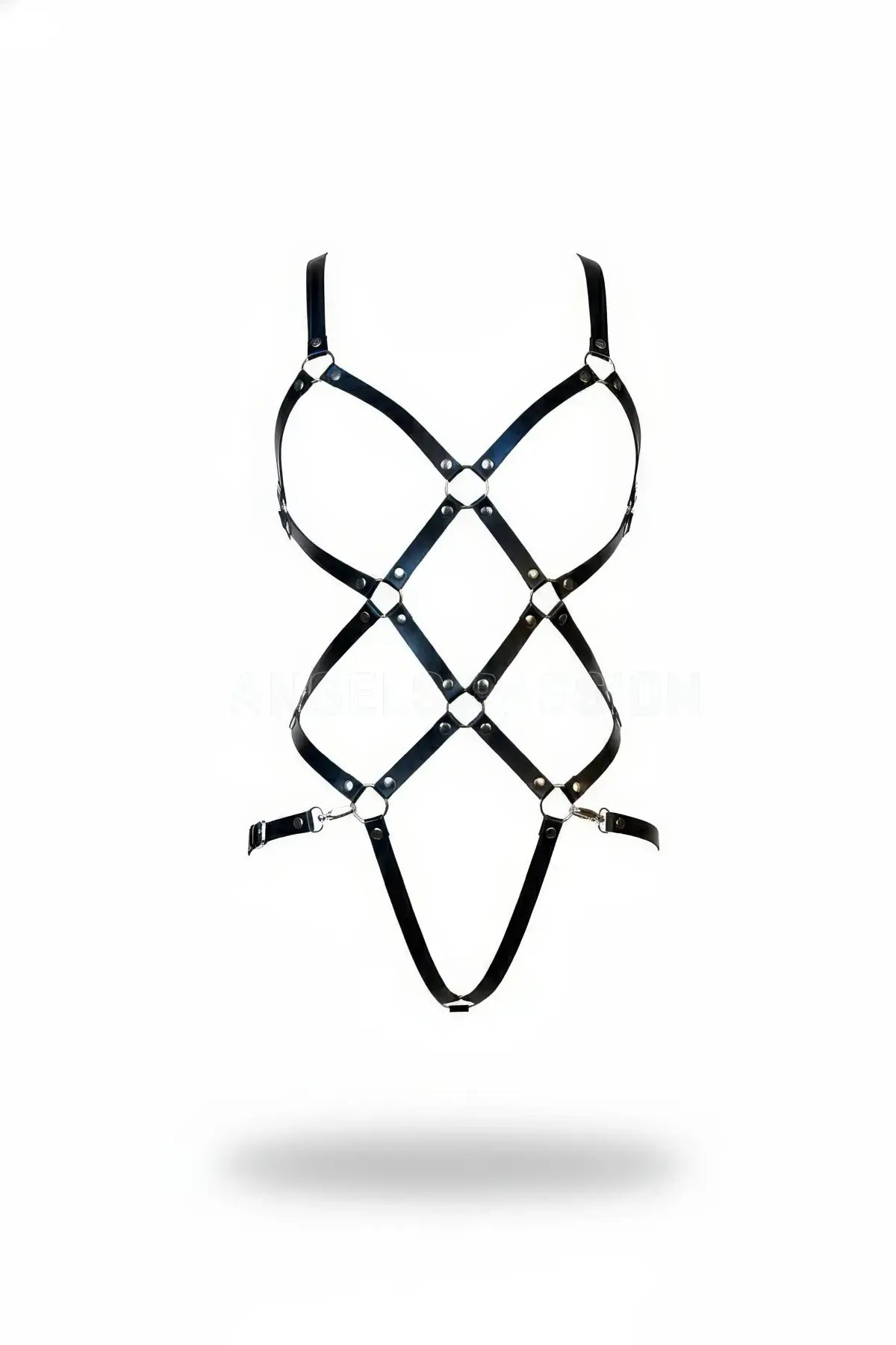 Women's full-body cage harness by HarnessClub, black vegan leather with crisscross straps