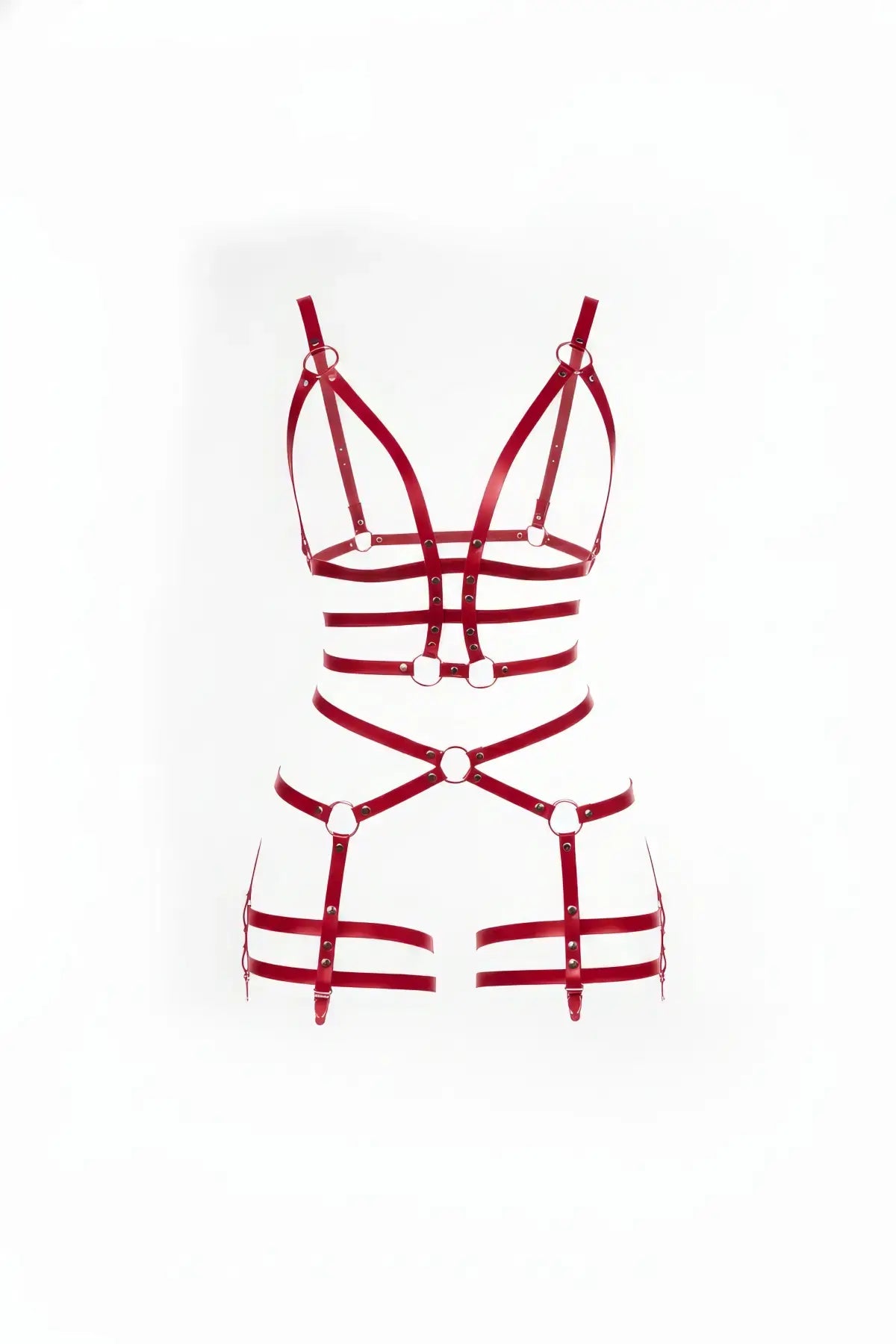 Womens red full-body cage harness with thigh garters by HarnessClub in vegan leather