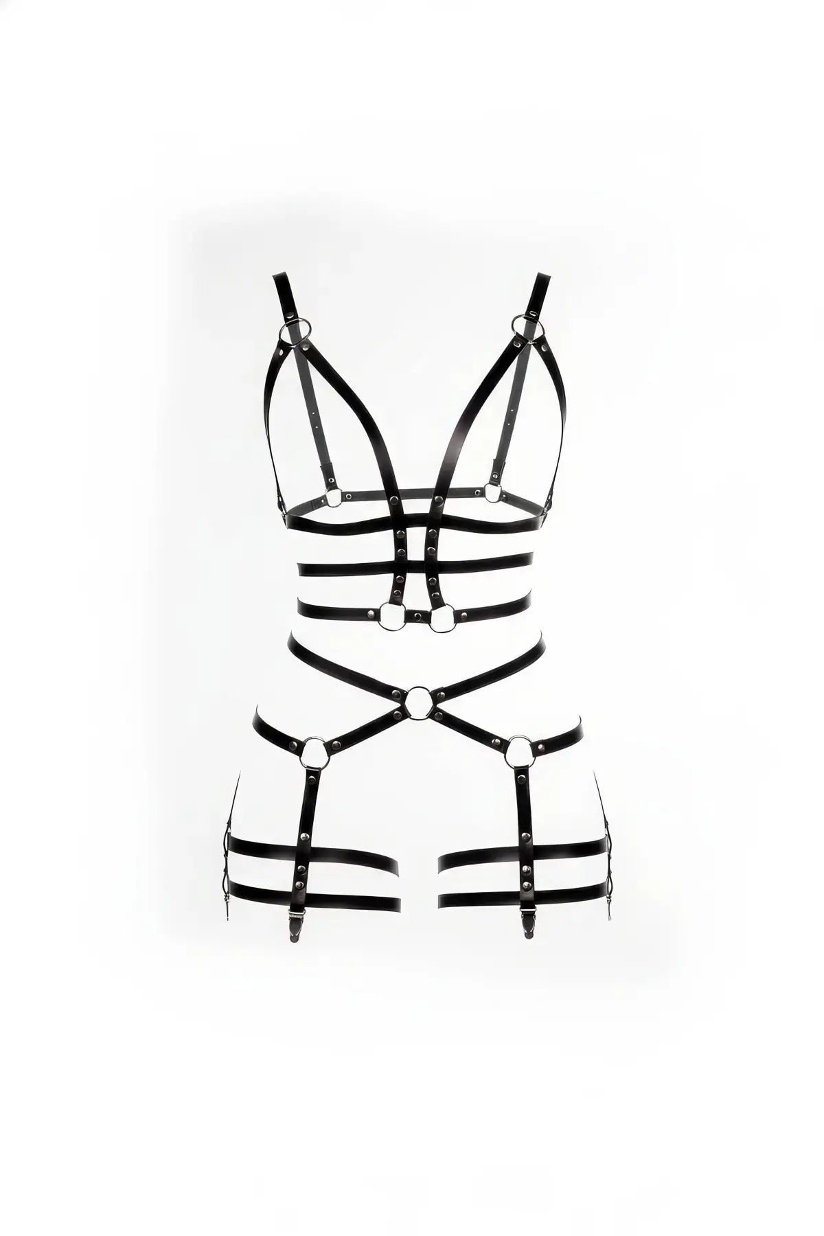 Womens Black Full-Body Multi-Ring Cage Harness, vegan leather body accessory