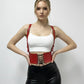 HarnessClub red vegan-leather corset waist belt with lace-up front and suspenders