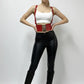 Womens red lace-up corset waist belt with suspenders in vegan leather by HarnessClub