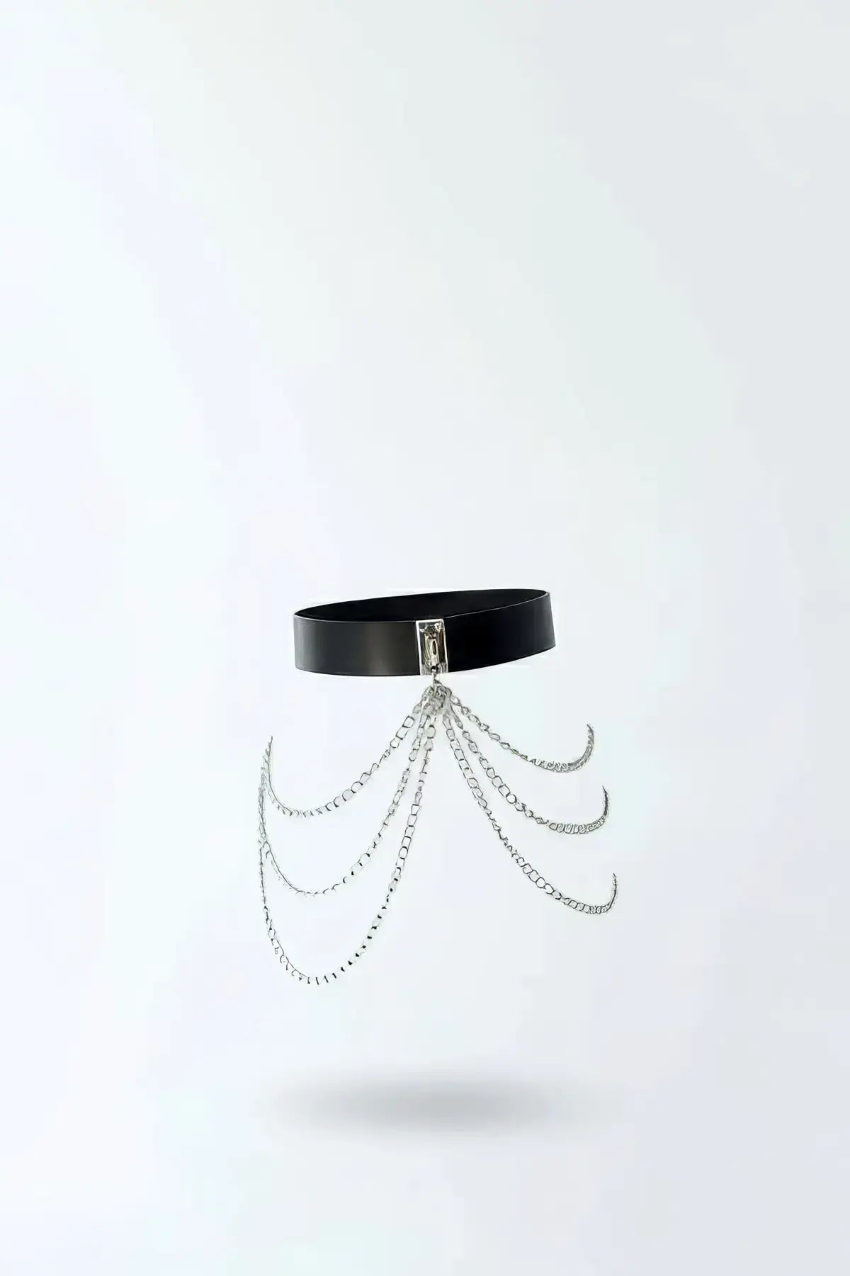Womens Black Multi-Chain Drape Waist Belt vegan leather with five silver chain drapes from a central clasp