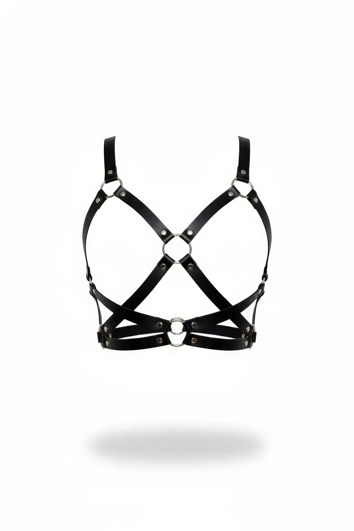 Women's black vegan leather O-ring cage body harness by HarnessClub with metal ring accents